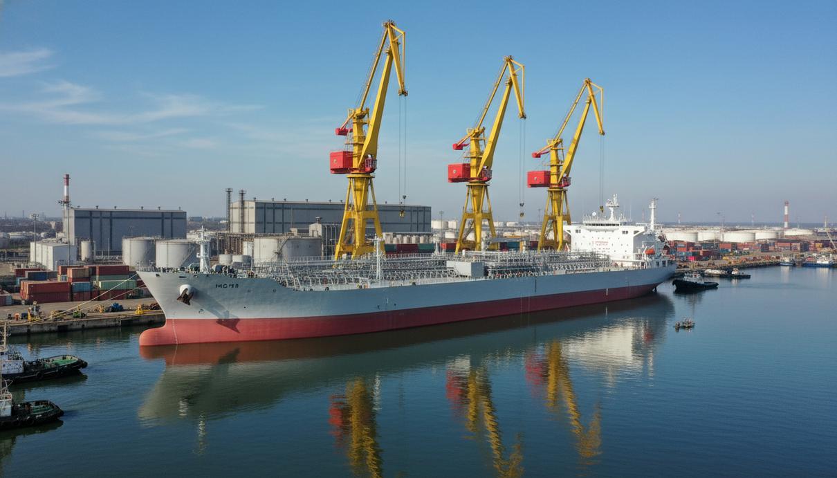 Большой танкер-продуктовоз на верфи, окруженный строительными кранами и индустриальными сооружениями порта под ясным небом.