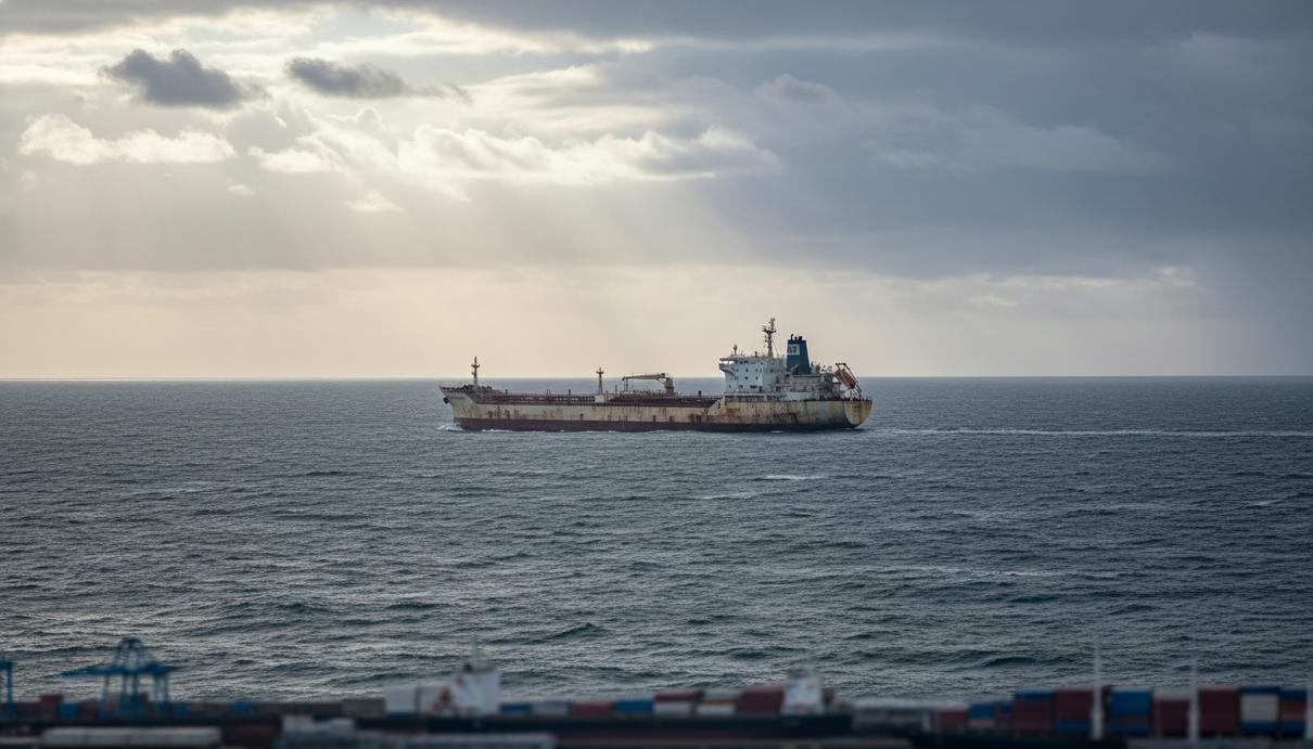 Вид на открытое море с одиноким нефтяным танкером, плывущим по волнам. На горизонте видны очертания берега или портовой инфраструктуры.