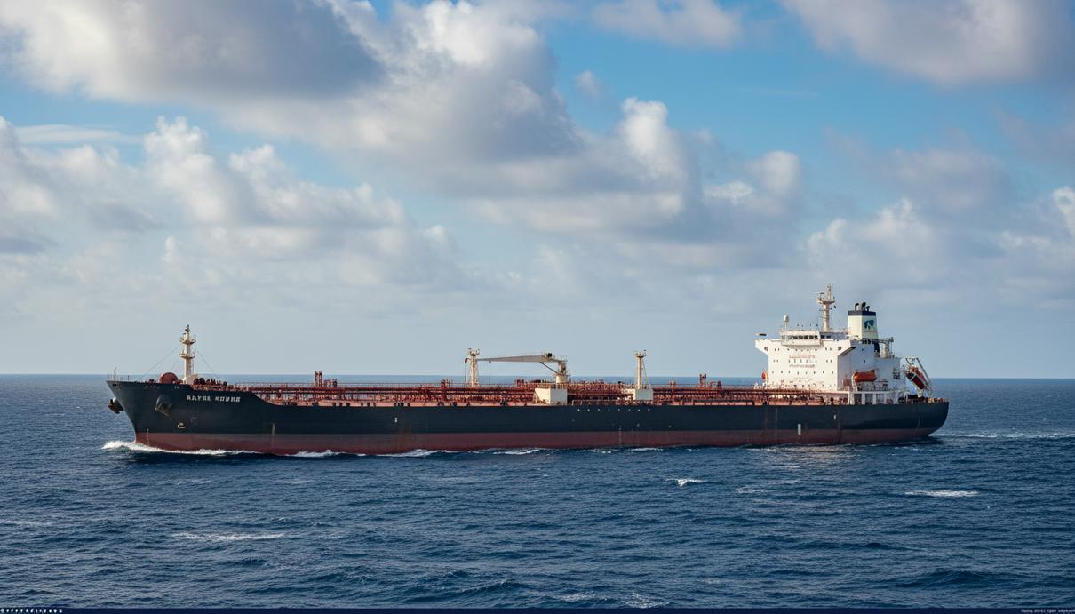 Огромный танкер VLCC в открытом море под небом с облаками. Видны палуба и надстройки судна, детали трубопроводов и оборудования.