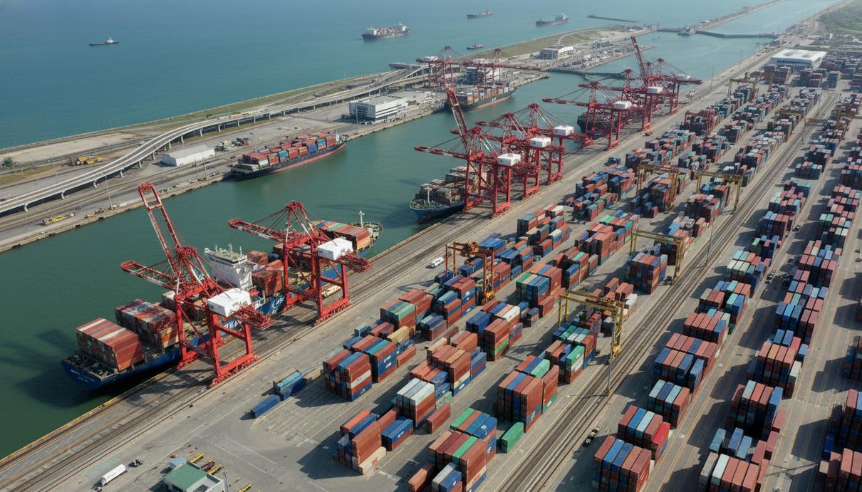 Масштабный контейнерный терминал у входа в Панамский канал с портовыми кранами и грузовыми судами