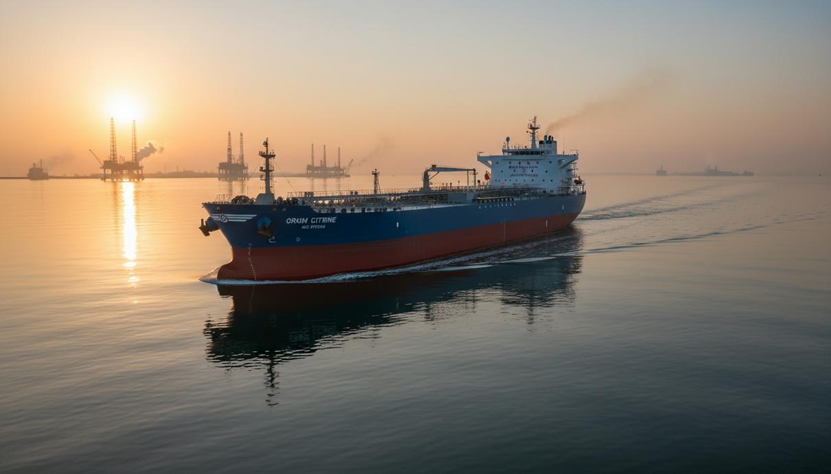 Танкер Orkim Citrine класса MR2 в открытом море на фоне промышленного порта или нефтяных вышек на горизонте.