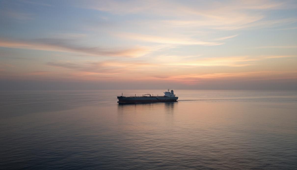 Крупный нефтяной танкер плывет по спокойным водам Индийского океана на рассвете или закате. Небо затянуто облаками, отражающими мягкий свет.