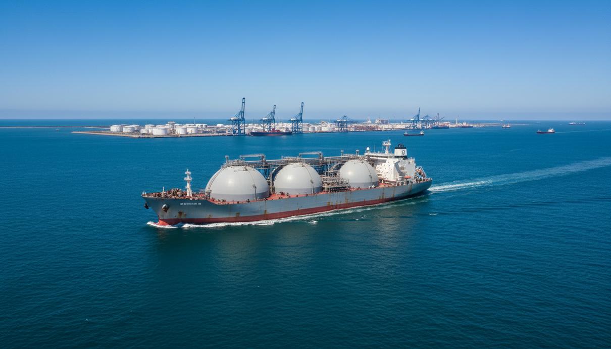 Крупный нефтяной танкер или газовоз в открытом море. На горизонте просматривается портовая инфраструктура.