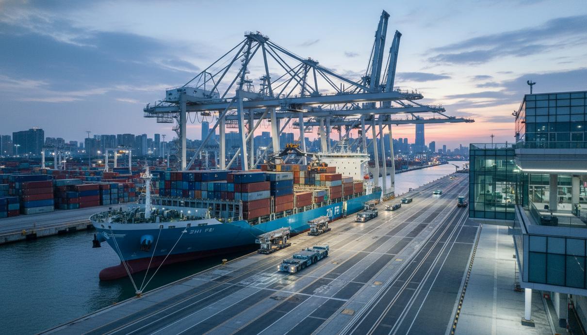 Автономное судно «Чжи Фэй» у причала порта Циндао. Автоматизированные краны разгружают контейнеры, видны беспилотные транспортные средства на терминале.