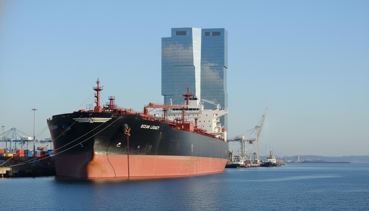 Огромный танкер VLCC стоит в порту на фоне современного здания и спокойного моря.