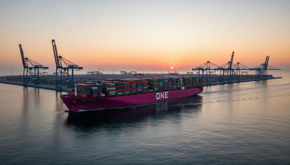 Огромный ярко-розовый контейнеровоз «ONE» плывет по морю на фоне современного порта с рядами цветных контейнеров и портовыми кранами.
