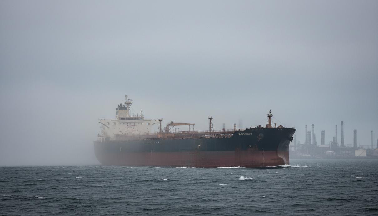 Старый нефтяной танкер плывет по морю, на горизонте видны очертания промышленного порта или нефтеперерабатывающего завода.