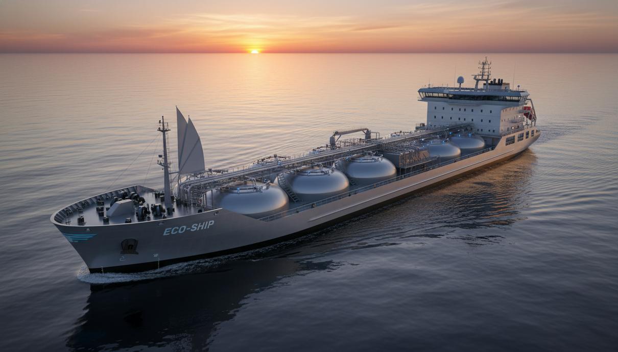 Современный танкер-продуктовоз движется по спокойному морю. На палубе видны грузовые танки. Судно отражается в воде на фоне горизонта.