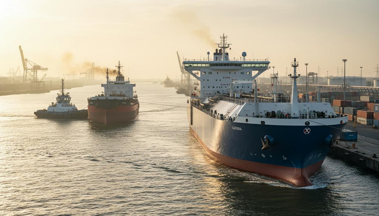 Современный танкер-продуктовоз у причала в порту на фоне утреннего солнца. Вдалеке старый танкер буксируется из порта.