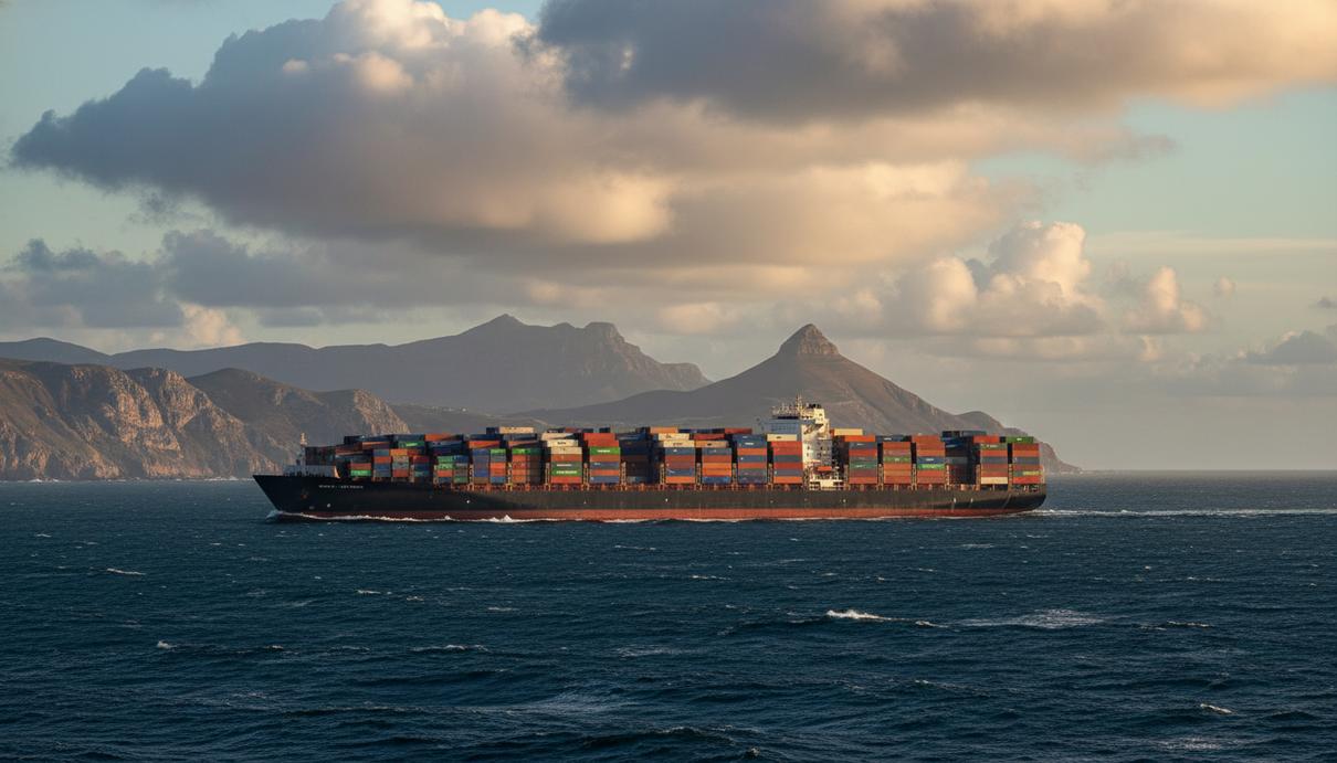 Крупный контейнеровоз с множеством разноцветных контейнеров плывет по синему морю. На горизонте виднеется скалистый берег.