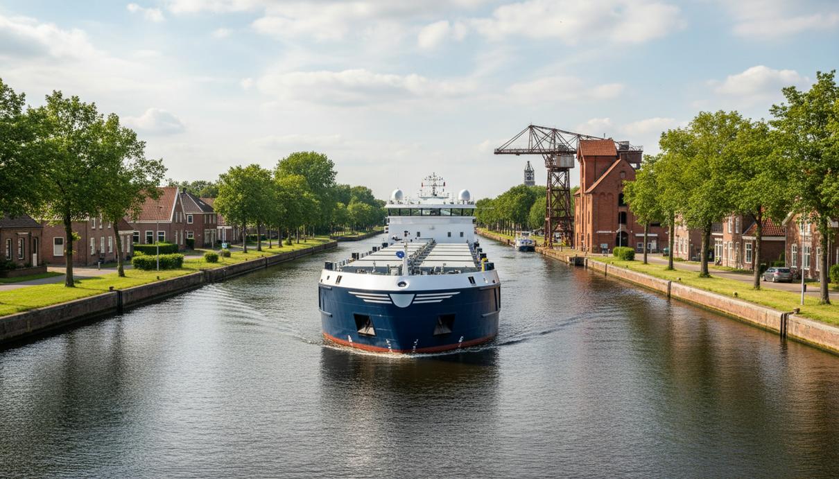 Современный танкер-продуктовоз в узком европейском судоходном канале, окруженном берегами с причалами и невысокими зданиями.