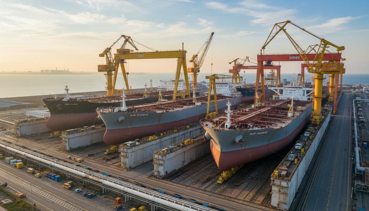 Огромная современная верфь с несколькими строящимися танкерами для сырой нефти, крупными кранами и индустриальным пейзажем у моря.