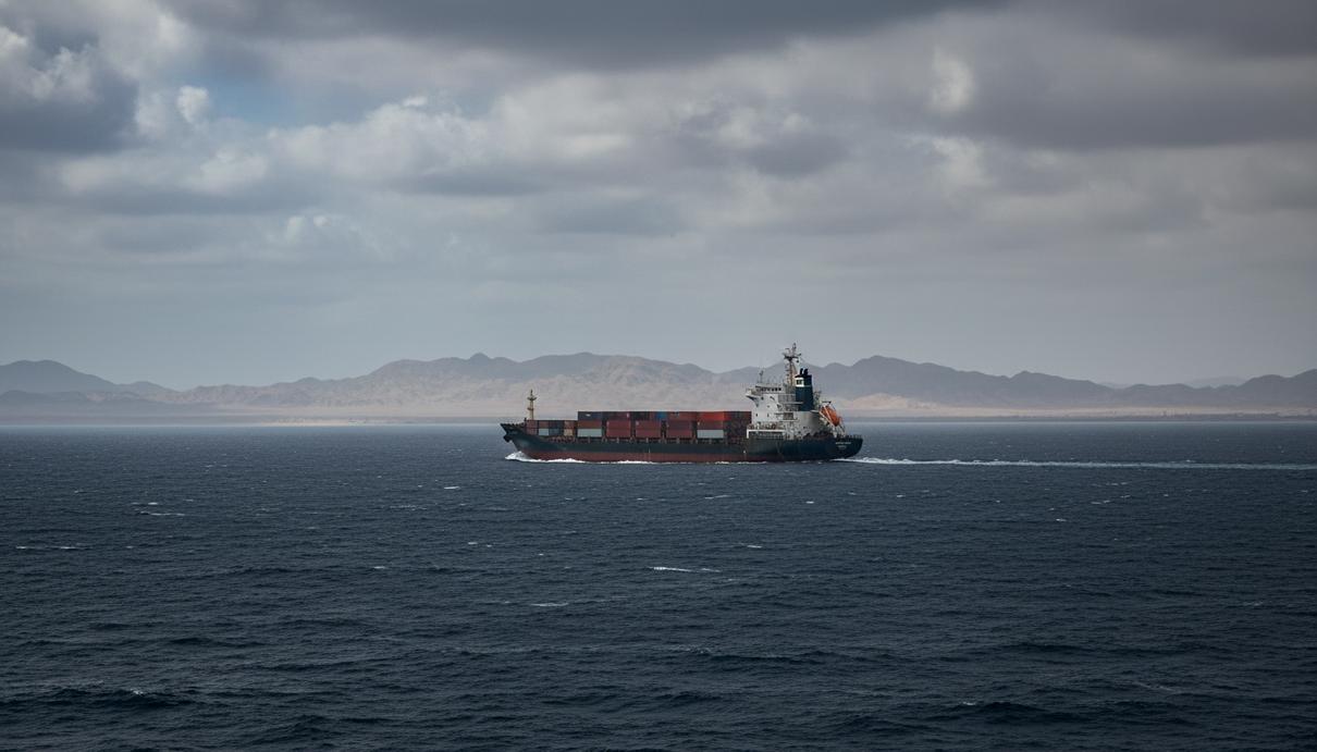 Большое грузовое судно идет по водам Красного моря на фоне пасмурного неба и далекого берега. Иллюстрация морской угрозы.