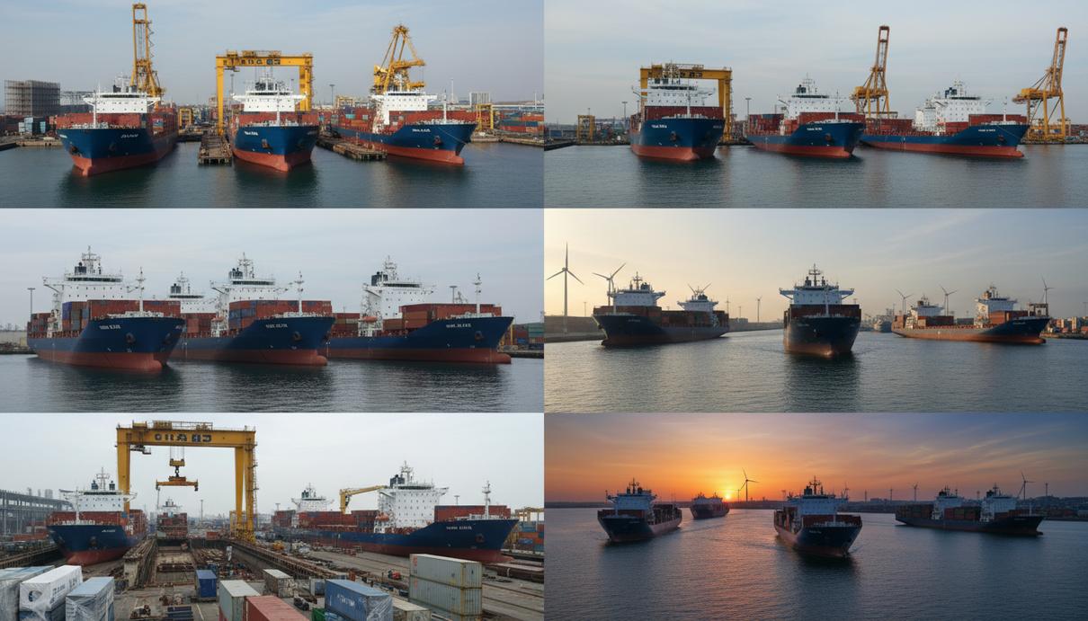 Шесть новых фидерных контейнеровозов пришвартованы в современном порту или на судостроительной верфи. Суда готовы к эксплуатации.