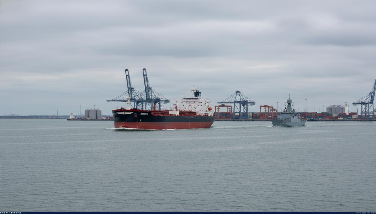 Танкер «Этера» в серых водах Северного моря, приближающийся к промышленному порту Зебрюгге с кранами и контейнерами на причалах.
