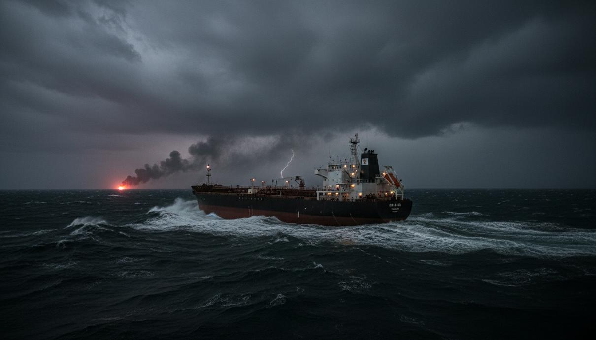 Крупный нефтяной танкер в бурном море ночью. Вдали виднеется дым или зарево. Снимок подчеркивает напряженность в морском регионе.