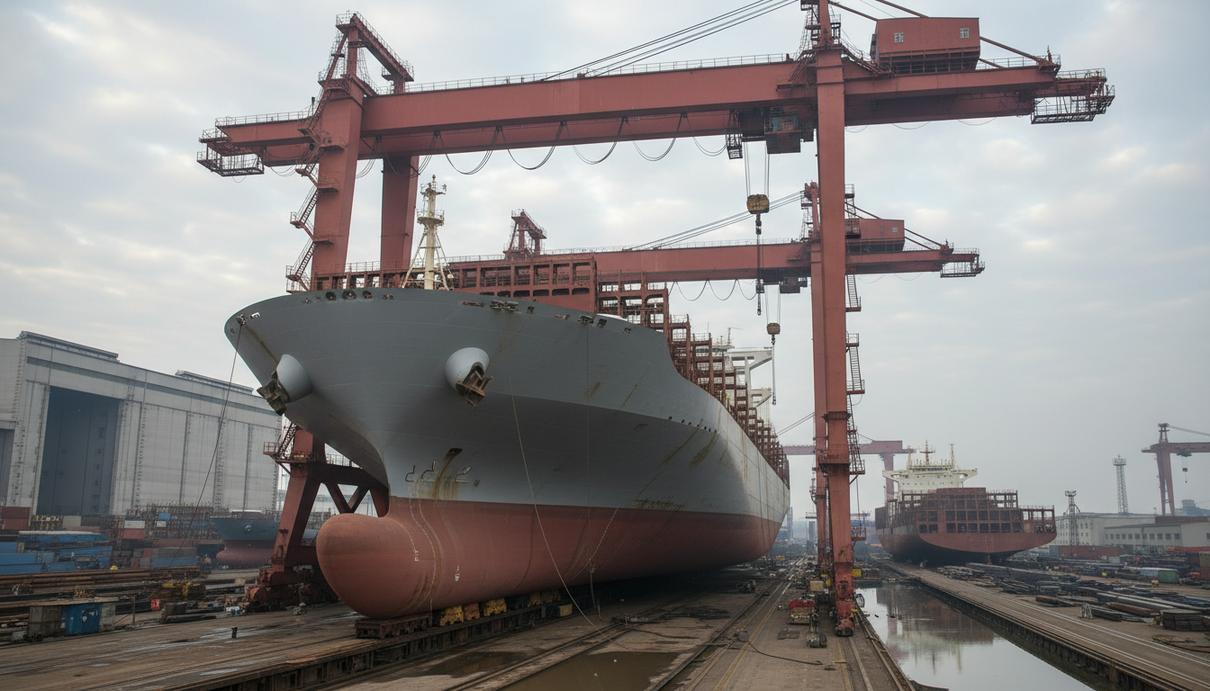 Масштабный контейнеровоз вместимостью 11 000 TEU строится в сухом доке китайской верфи. Видны гигантские краны и промышленные сооружения на заднем плане.