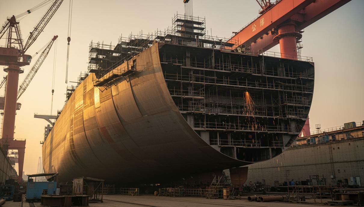Строительство корпуса крупного танкера класса суэцмакс в сухом доке современного судостроительного завода.