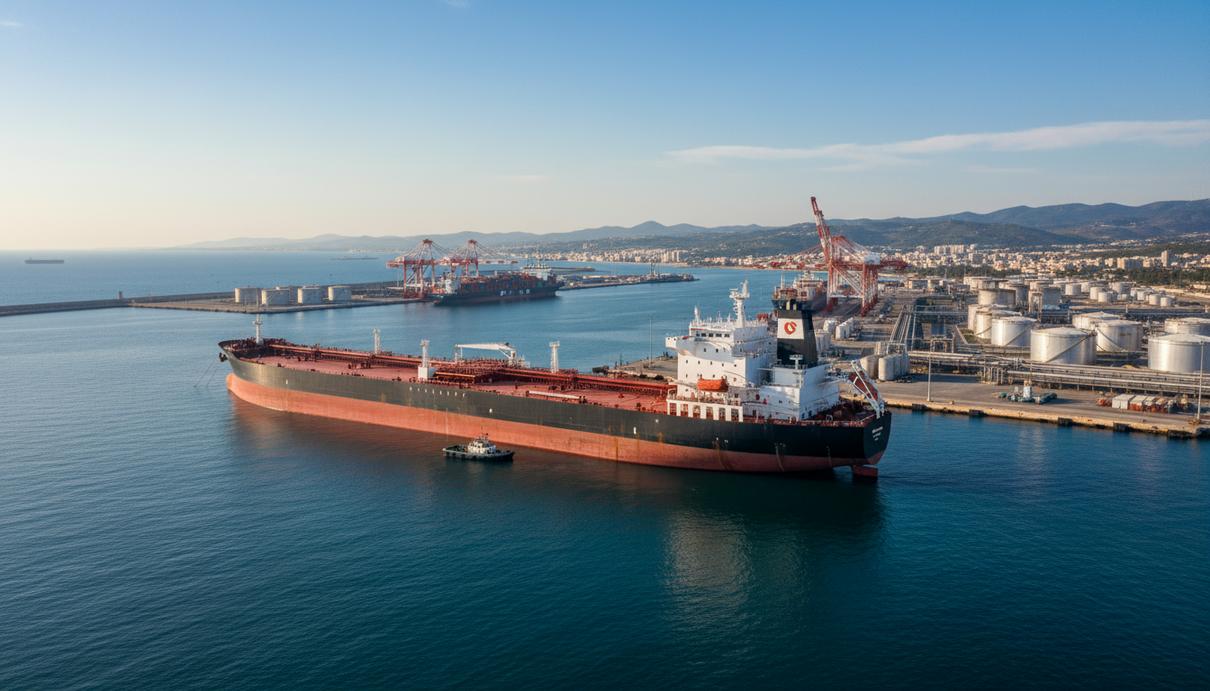 Большой танкер-суэцмакс стоит на якоре у побережья Кипра. На заднем плане виден портовый город с инфраструктурой и морскими терминалами под ясным небом.