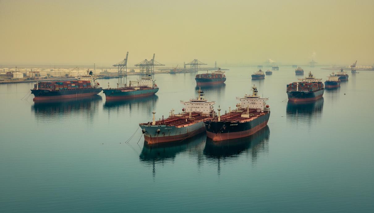 Множество грузовых судов, танкеров и контейнеровозов, стоит на якоре в Персидском заливе, у Ормузского пролива. На горизонте — порты и нефтяные платформы.
