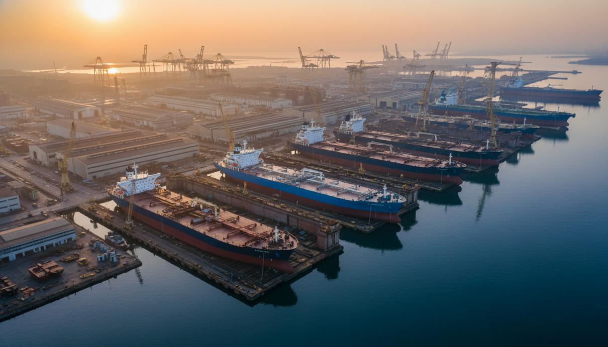 Панорамный вид современного судостроительного завода на рассвете с несколькими крупными нефтяными танкерами (VLCC и Суэцмакс) на разных стадиях постройки в доках и у пирсов. Видны башенные краны и промышленная инфраструктура.
