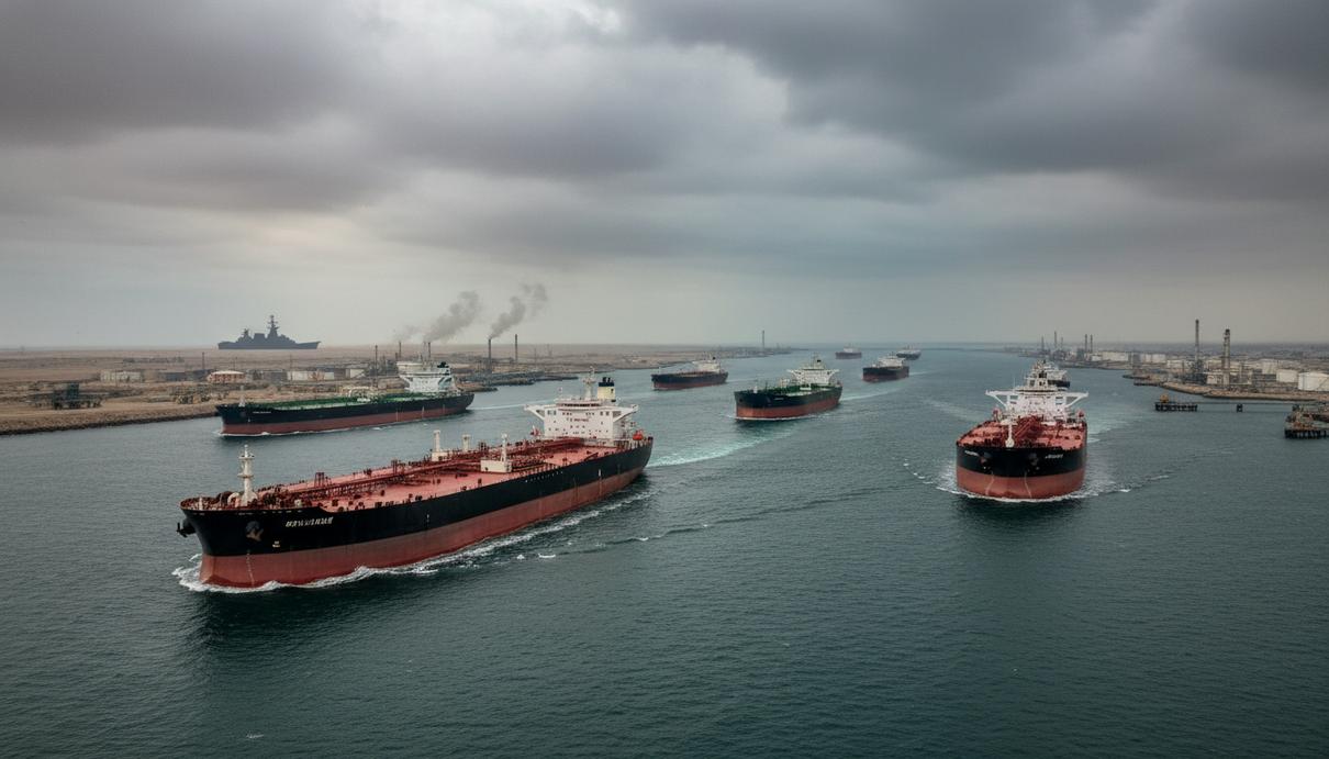 Множество супертанкеров, включая VLCC и Suezmax, движутся по стратегическому морскому проливу. На горизонте видны очертания береговой линии.
