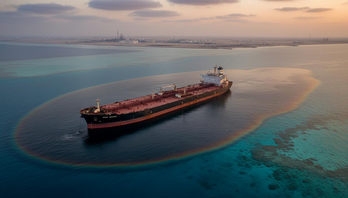 Поврежденный нефтяной танкер с утечкой нефти в Персидском заливе. Нефтяное пятно на воде, видны следы удара на корпусе судна, вдалеке просматривается берег.