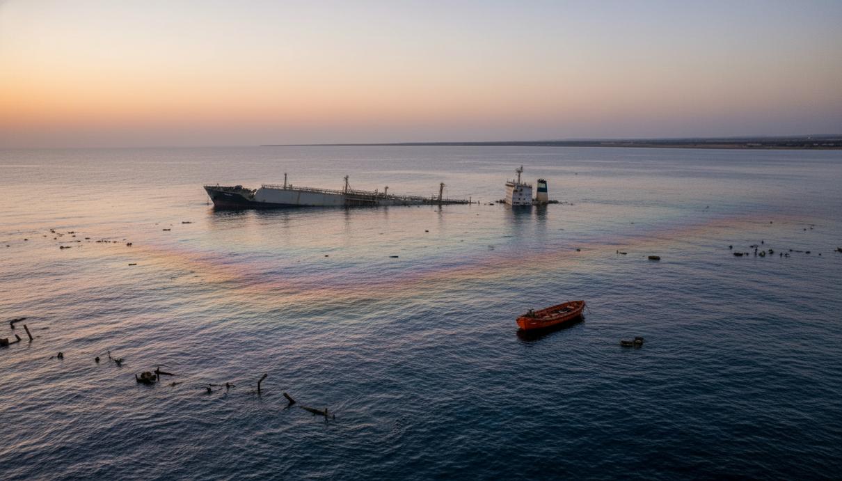 Обширное нефтяное пятно и плавающие обломки судна в Средиземном море на рассвете, с едва различимым берегом на горизонте.