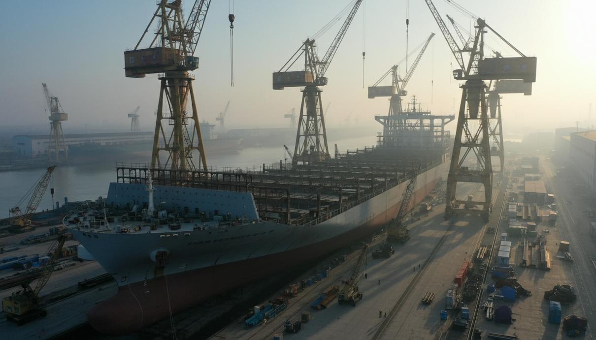 Крупный современный контейнеровоз на стапелях огромной китайской судостроительной верфи, с высокими портальными кранами на фоне индустриального пейзажа.