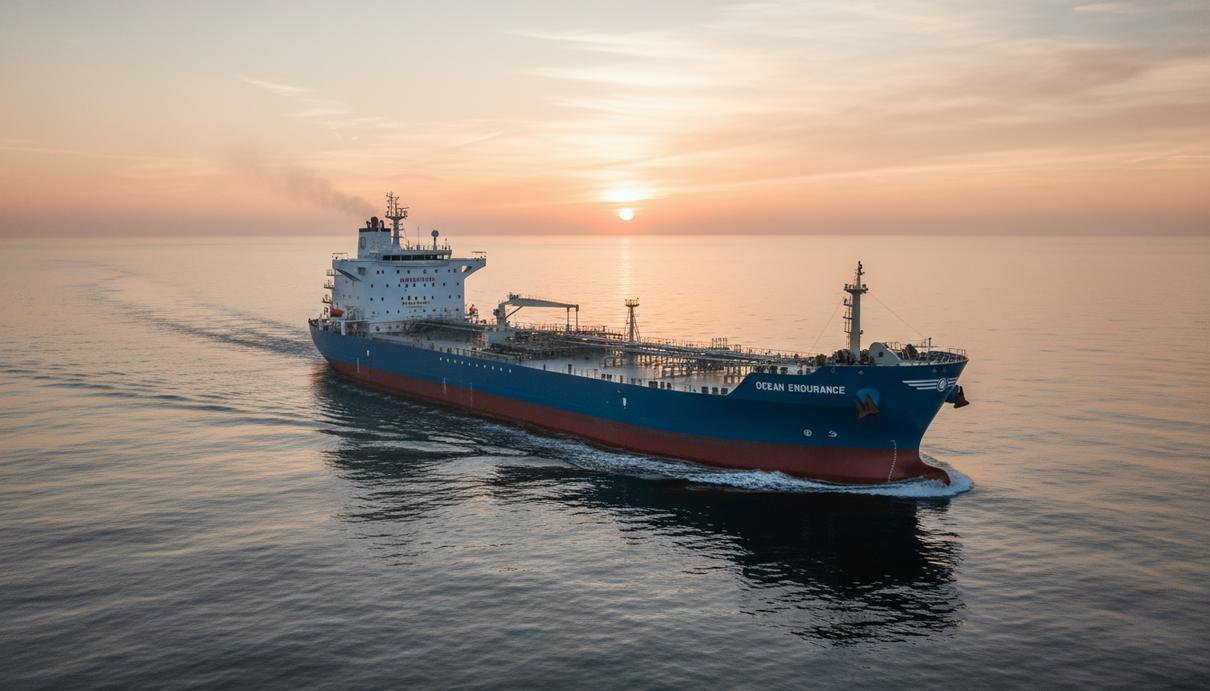 Современный продуктовый танкер LR2 с установленным скруббером в открытом море на рассвете. Судно движется по спокойной воде.