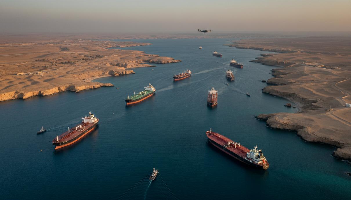 Вид сверху на Ормузский пролив с несколькими крупными нефтяными танкерами и коммерческими судами. Суда кажутся редкими или неподвижными на фоне обширного моря и засушливых берегов, передавая ощущение напряжения и морской неопределенности.