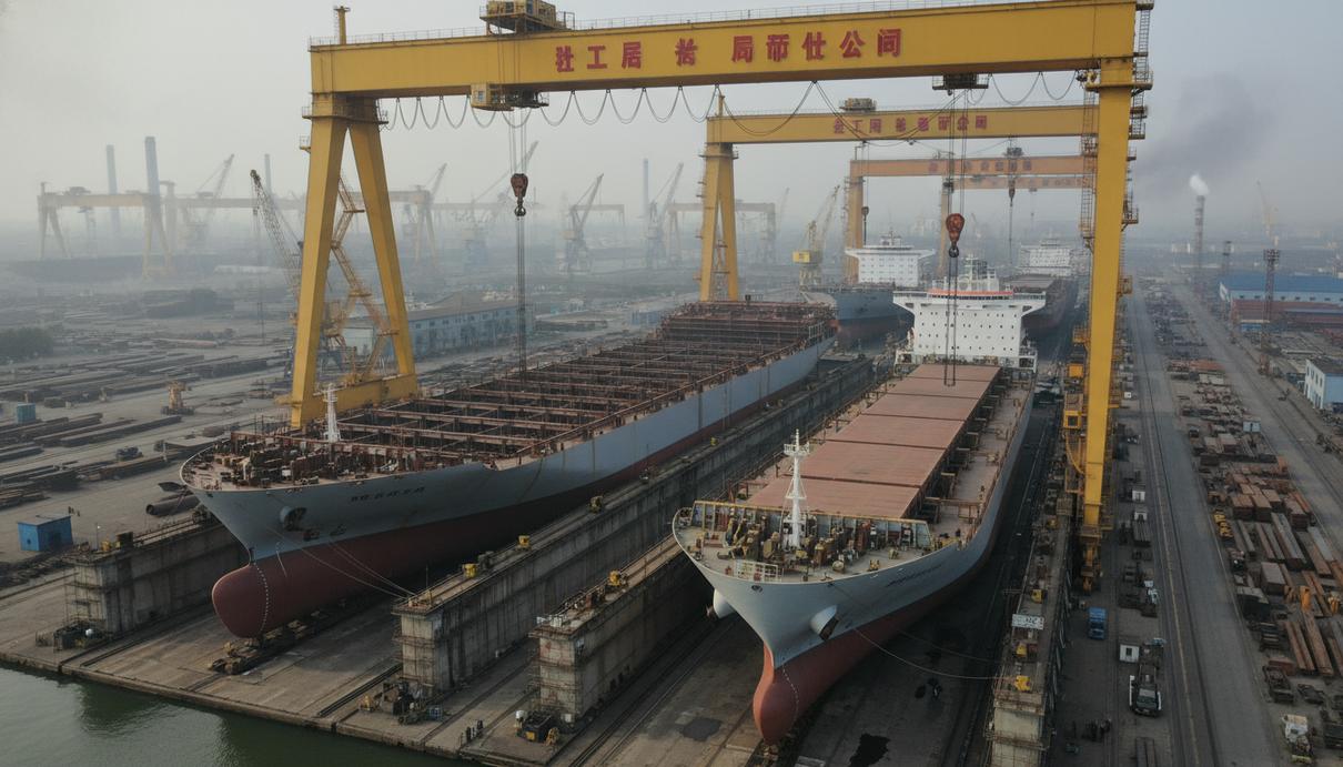 Крупный план строящихся контейнеровозов и фидерных судов на современной верфи в Китае, с доками и подъемными кранами.