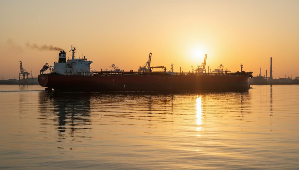 Огромный нефтяной танкер с полной загрузкой на спокойной воде на закате. На горизонте виднеются очертания портовых сооружений.