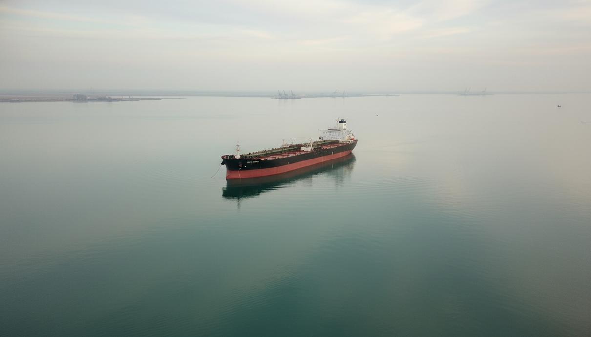 Вид сверху на огромный нефтяной танкер в спокойных водах Персидского залива. На горизонте видны очертания береговой линии с редкими промышленными объектами.