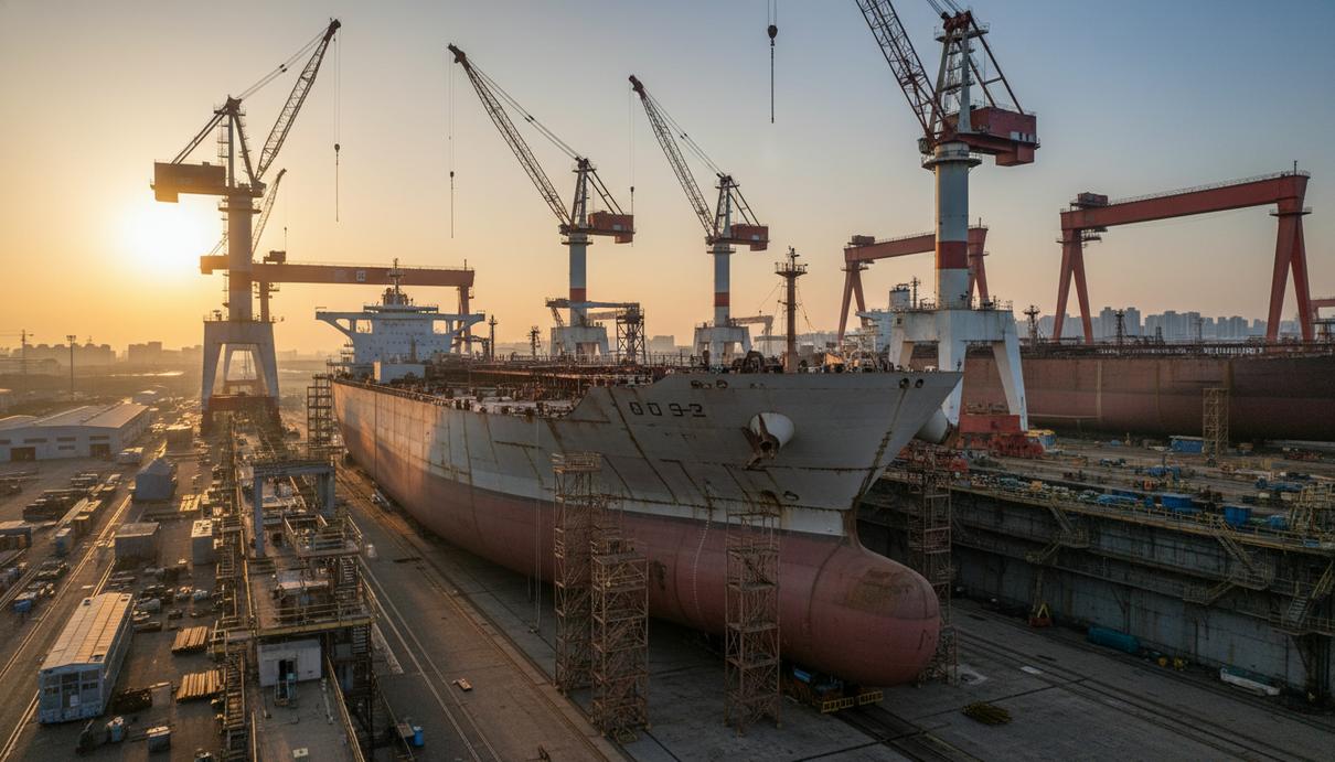 Крупный суэцмакс танкер на верфи в Южной Корее, окруженный портовыми кранами и элементами судостроения.