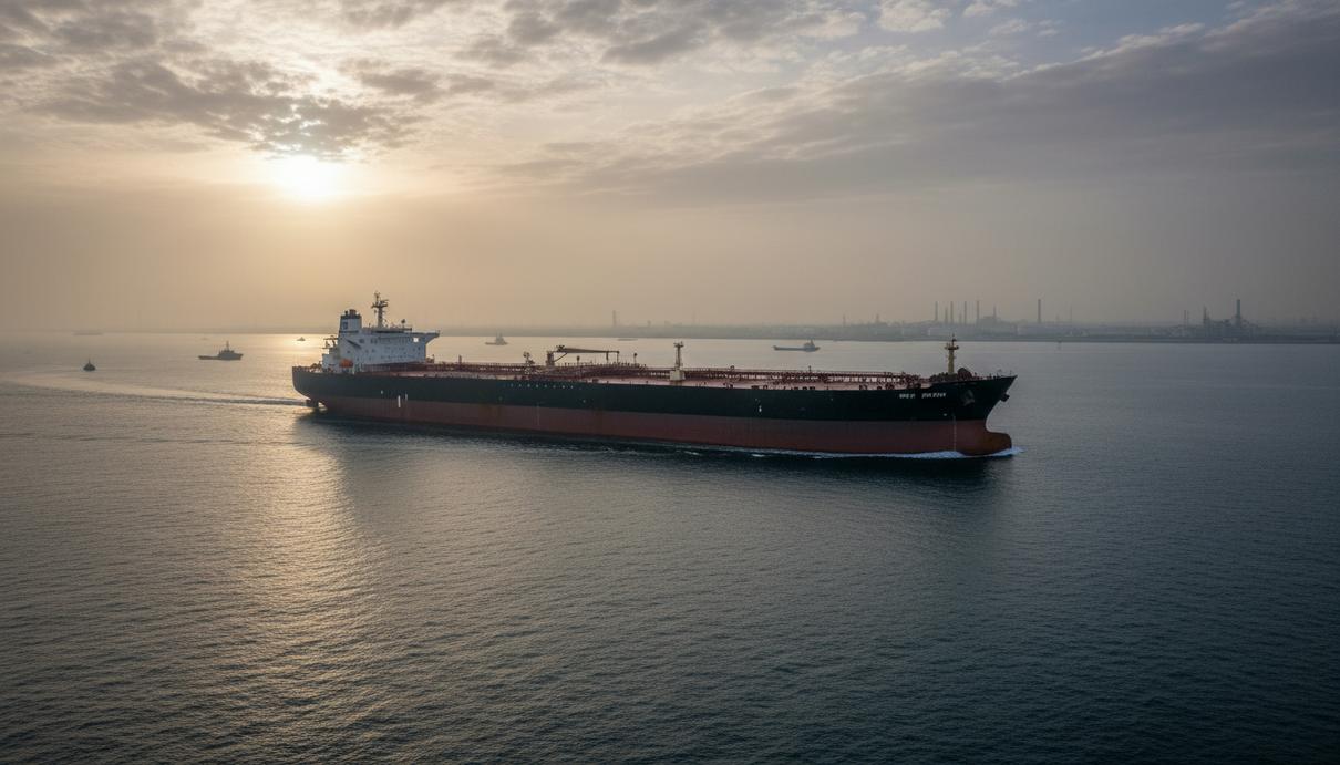 Огромный нефтяной танкер VLCC проходит по стратегическому Ормузскому проливу на рассвете, на фоне промышленного побережья Персидского залива.