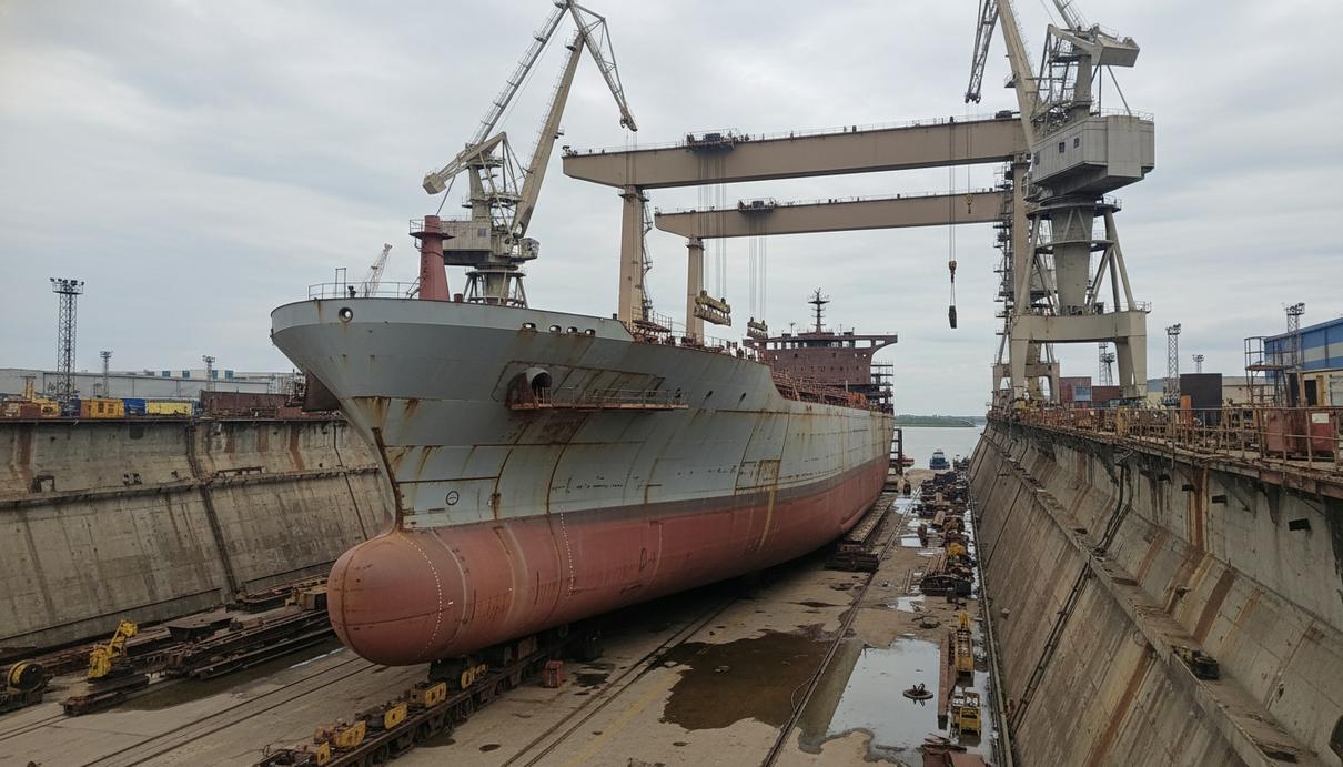 Танкер полярного класса на этапе строительства в сухом доке на фоне портовых кранов