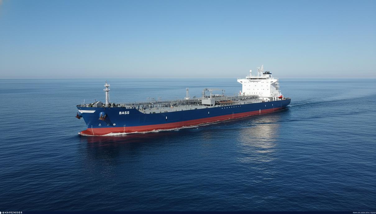 Современное грузовое судно типа Cleanbu в открытом море на фоне синей воды и горизонта