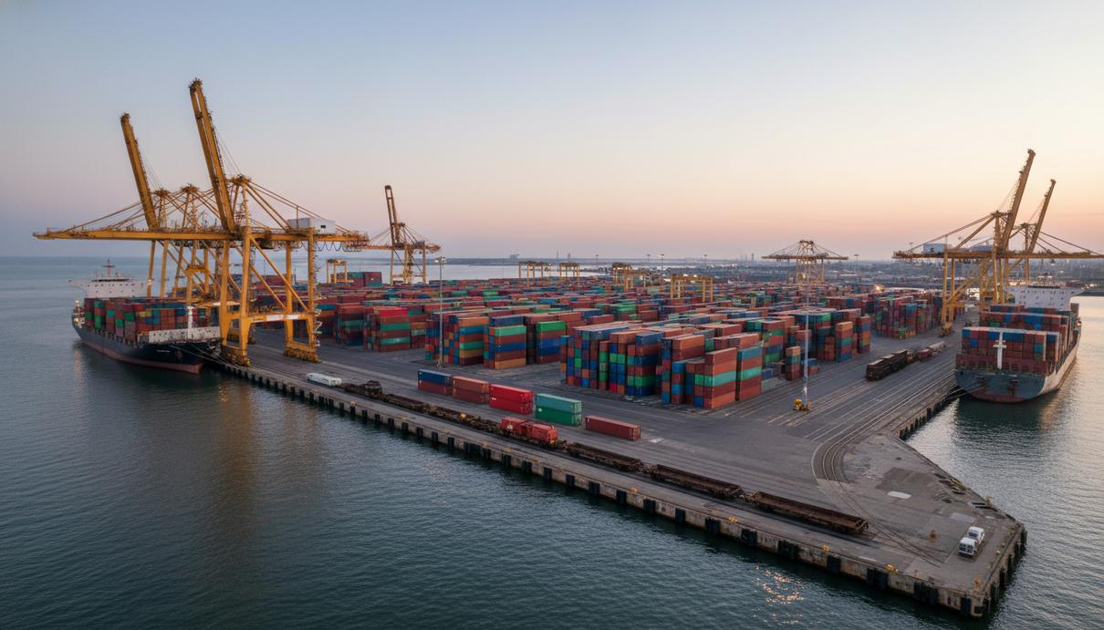 Контейнерный терминал с рядами морских контейнеров и портовыми кранами у воды