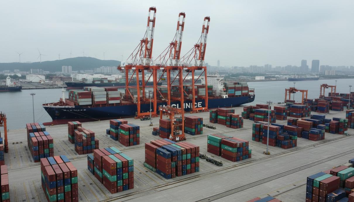 Крупный современный контейнеровоз в морском порту под погрузочными кранами на фоне грузовых контейнеров