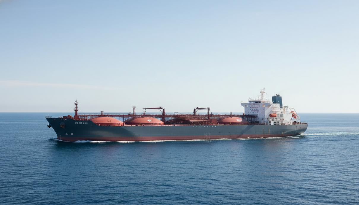 Современный морской танкер для перевозки нефтепродуктов идет по спокойной воде в ясный день