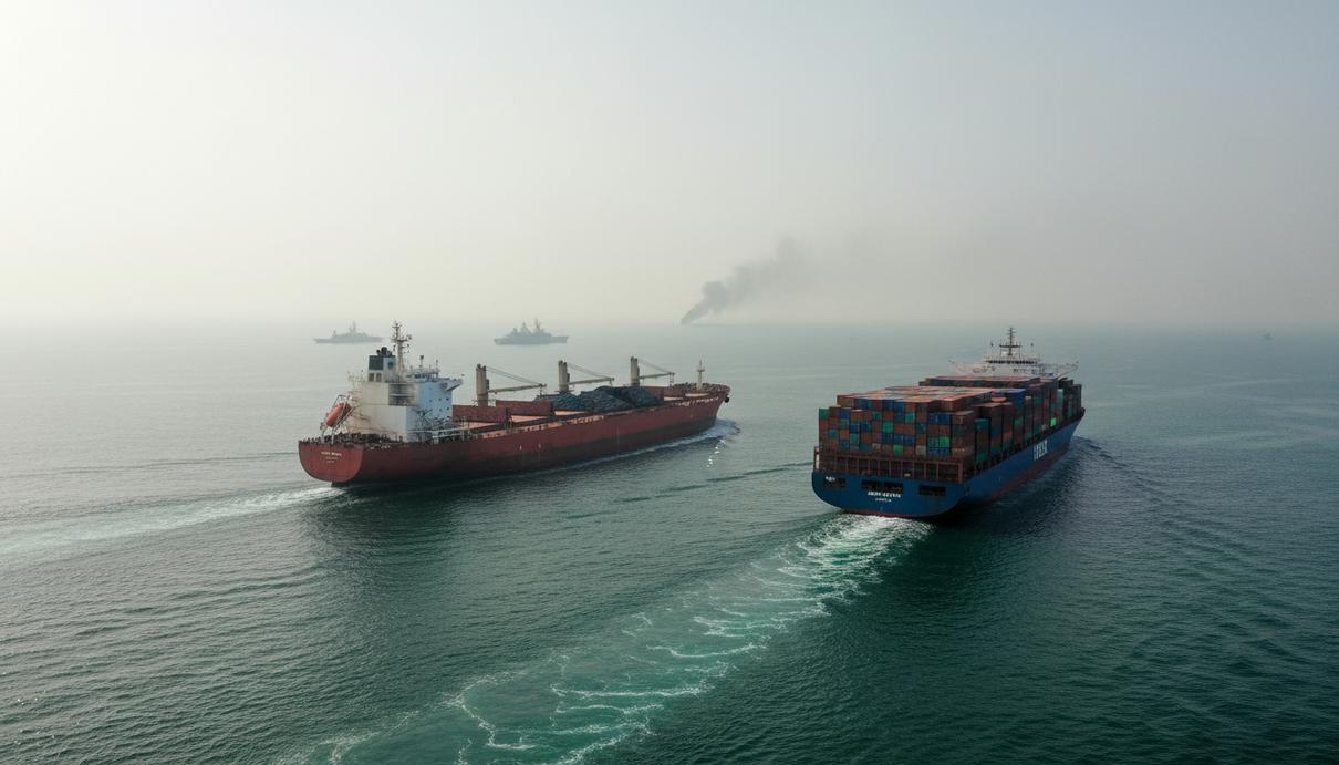 Контейнеровоз и балкер в Ормузском проливе на фоне задымления на горизонте и патрульных кораблей.