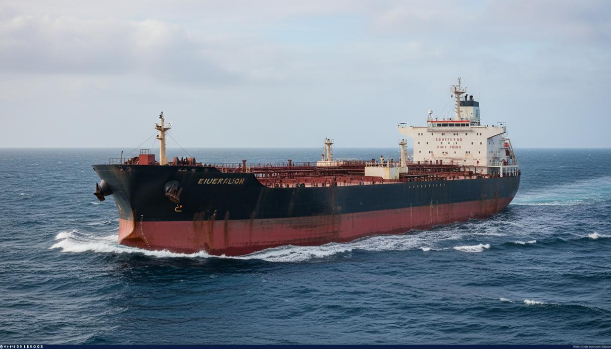 Нефтяной супертанкер в открытом море с потертым корпусом и выцветшей краской