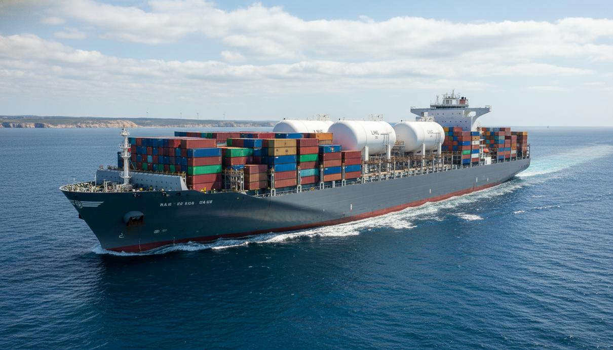 Современный контейнеровоз с разноцветными грузовыми контейнерами на палубе идет по синему океану