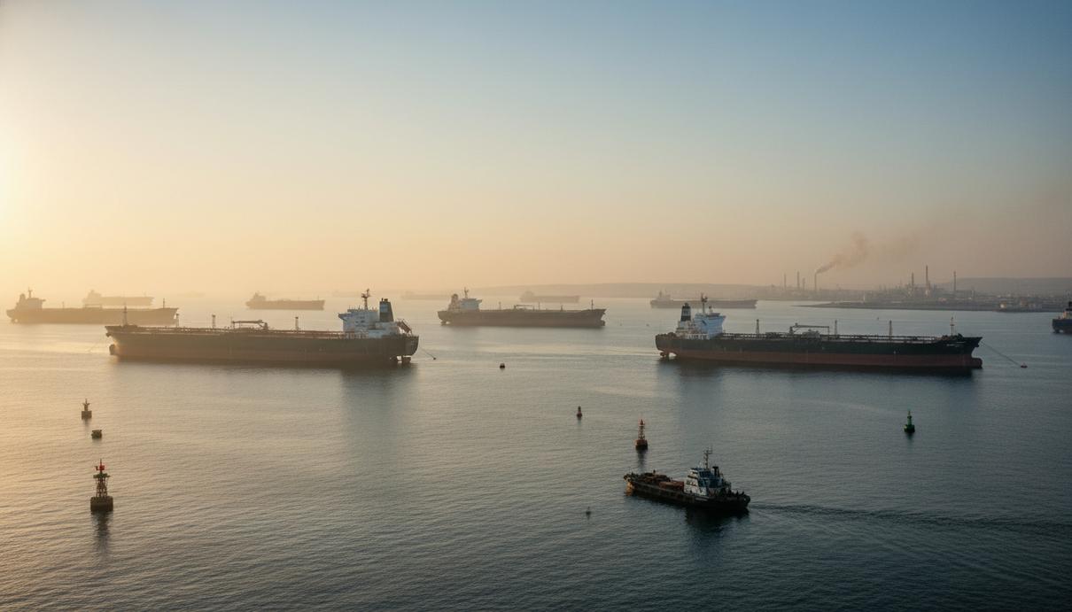 Огромные нефтяные танкеры на якоре в море на фоне туманного горизонта в предрассветные часы