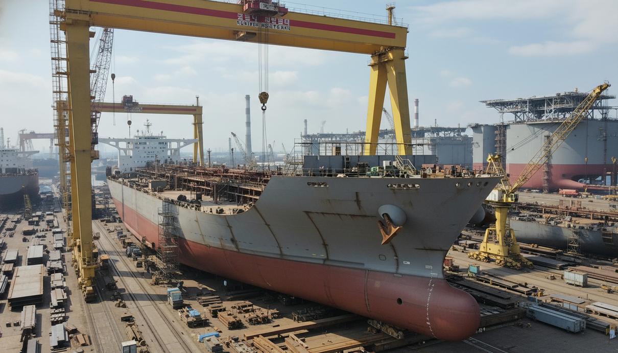 Крупный нефтяной танкер на этапе строительства в сухом доке южнокорейской верфи