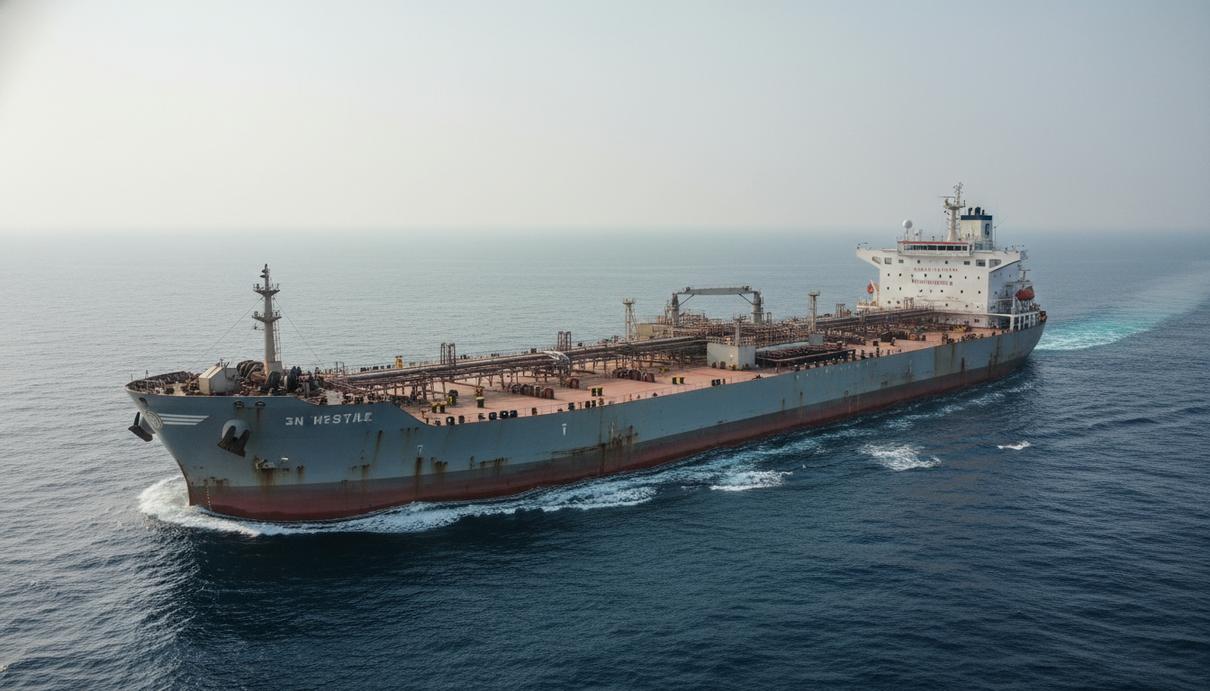 Танкер для перевозки нефтепродуктов в открытом море на фоне туманного горизонта