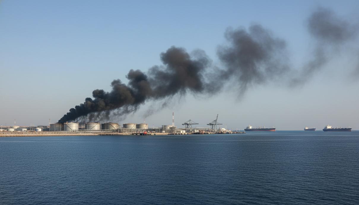 Промышленные нефтяные терминалы порта Фуджейра с дымом над горизонтом и грузовыми судами на рейде.