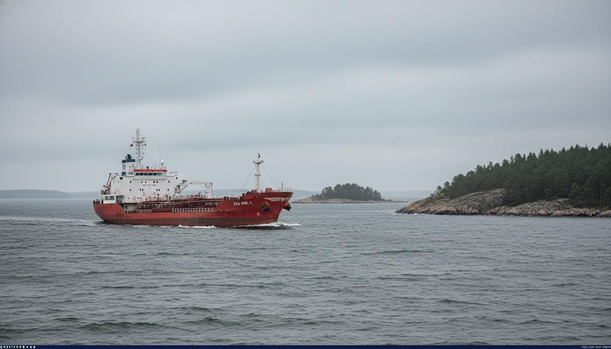 Крупный морской танкер в Балтийском море на фоне береговой линии Швеции в пасмурный день