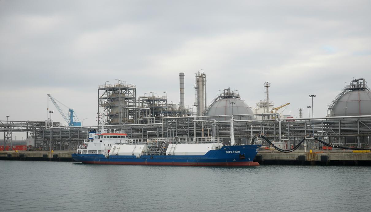 Танкер для бункеровки судов сжиженным природным газом у причала в промышленном порту